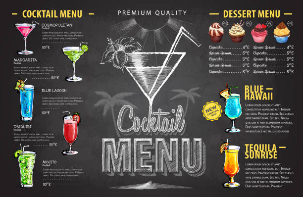 illustrations, cliparts, dessins animés et icônes de conception de menu de cocktail de dessin de craie de cru. menu boissons - price list
