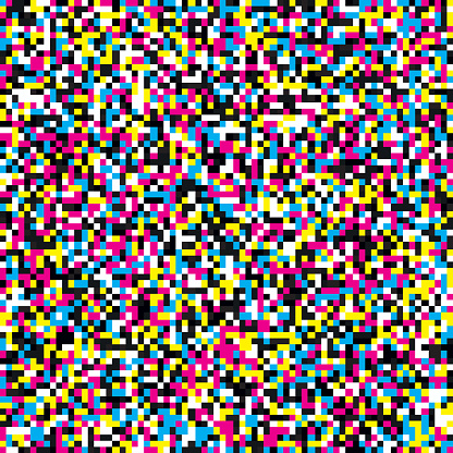 Pixel mosaic seamless pattern in CMYK tones. Repeating texture with cyan, magenta, yellow and black square points. Geometric vector background.