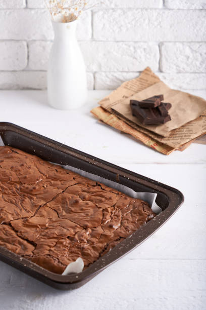 istock Brownie chocolate cake served on white table 1206271357