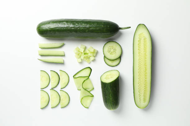 istock Flat lay with cucumber on white background, top view 1206273847
