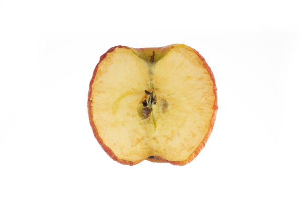 単一の半分スライス甘やかされた腐ったリンゴは、白で隔離されたマクロショットをクローズアップ - rotting food mold fruit ストックフォトと画像