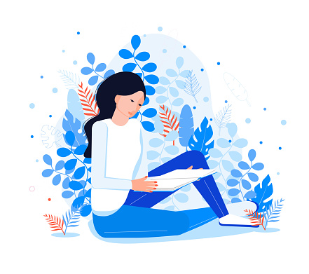 Introvert reads a book. Pretty girl like reading. Fantasy literature world in her mind on a blue floral, leaves background. Literature fan illustration. Introversion vector concept.