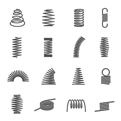 Collection of spiral coil springs or curved elastic wires isolated on white background. Bundle of stretched or compressed industrial metal tools. Flat monochrome vector illustration for logotype.