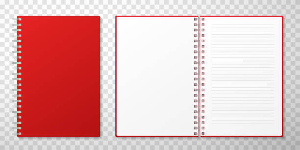 Closed and opened notebooks vector realistic illustration Closed and opened notebooks vector realistic illustration. Empty spiral notepads with red cover and lined sheets. Stationery, 3d blank sketchpads isolated on transparent background note pad stock illustrations