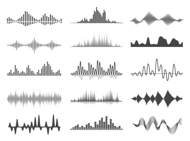Sound waves, volume diagrams glyph vector illustrations set Sound waves, volume diagrams glyph vector illustrations set. Noise level charts, monochrome curve lines pack. Radio waves, monocolor loudness graphs collection isolated on white background soundtrack stock illustrations