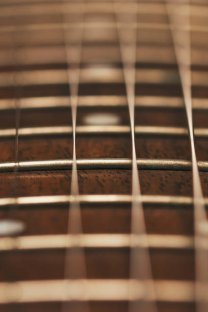 Acoustic guitar on a rustic wooden background with vignette. Space for copy.