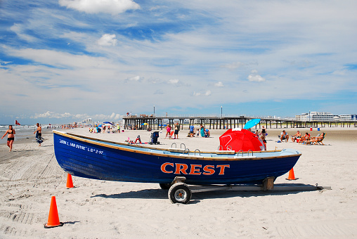 Wildwood Crest, NJ, USA August 24, 2013 A lifeguard boat takes its place on the sands on a summer's day Wildwood Crest, New Jersey
