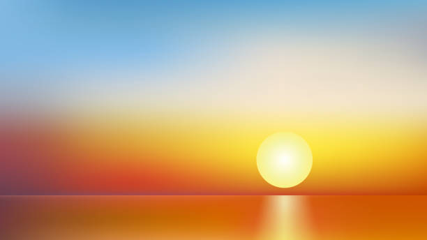 illustrations, cliparts, dessins animés et icônes de coucher du soleil au-dessus de l’océan dans une illustration claire bleue et d’or de vecteur de couleur de ciel - mer horizon bleu
