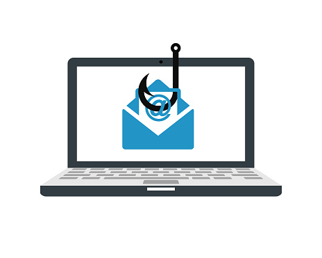 Laptop computer with a fishing hook phishing for private identity information and personal financial data vector illustration