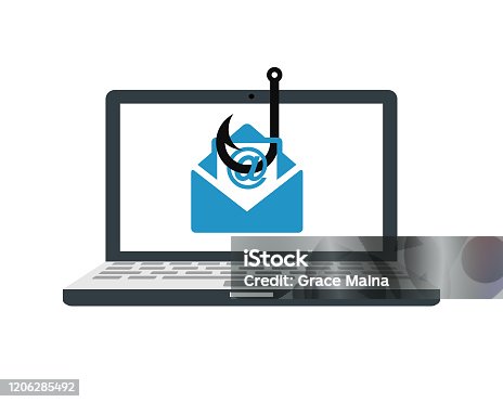 istock Laptop computer with a fishing hook phishing for private identity information and personal financial data vector illustration 1206285492