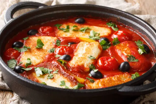 Cyprus food baked Halloumi with tomatoes, peppers, olives in a spicy sauce close-up in a pan on the table. horizontal