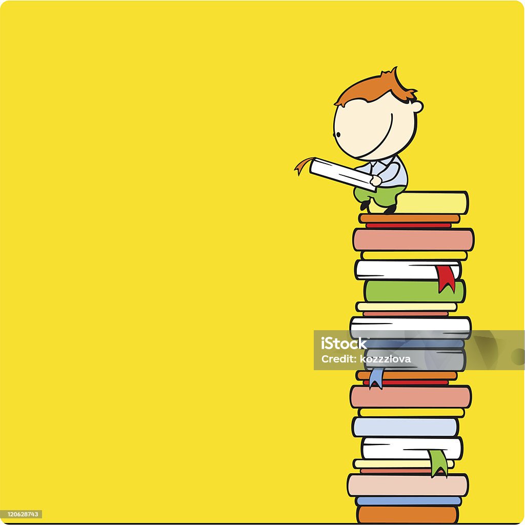 Cartoon boy sitting on a stack of books and reading a book Boy reading a book at a top of a book heap Stack stock vector