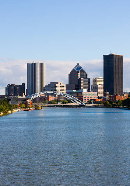 View of skyscrapers across the water in Rochester, New York stock photo