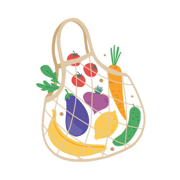 Mesh sac écologique plein de fruits et légumes (citron, banane, carottes, tomates). Sac à provisions moderne avec la nourriture organique fraîche du marché local d’isolement sur le fond blanc - Illustration vectorielle