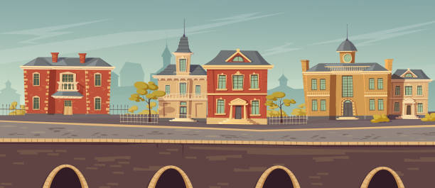 19th century town street with european buildings 19th century town street with european colonial victorian style buildings and lake promenade. Vector cartoon illustration of city landscape with old vintage architecture. Retro cityscape river shore victorian house stock illustrations