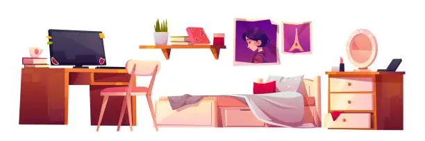 Vector illustration of Vector girl bedroom interior set