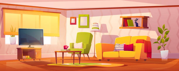 vektorfeder-interieur des wohnzimmers - teppichboden couch stock-grafiken, -clipart, -cartoons und -symbole