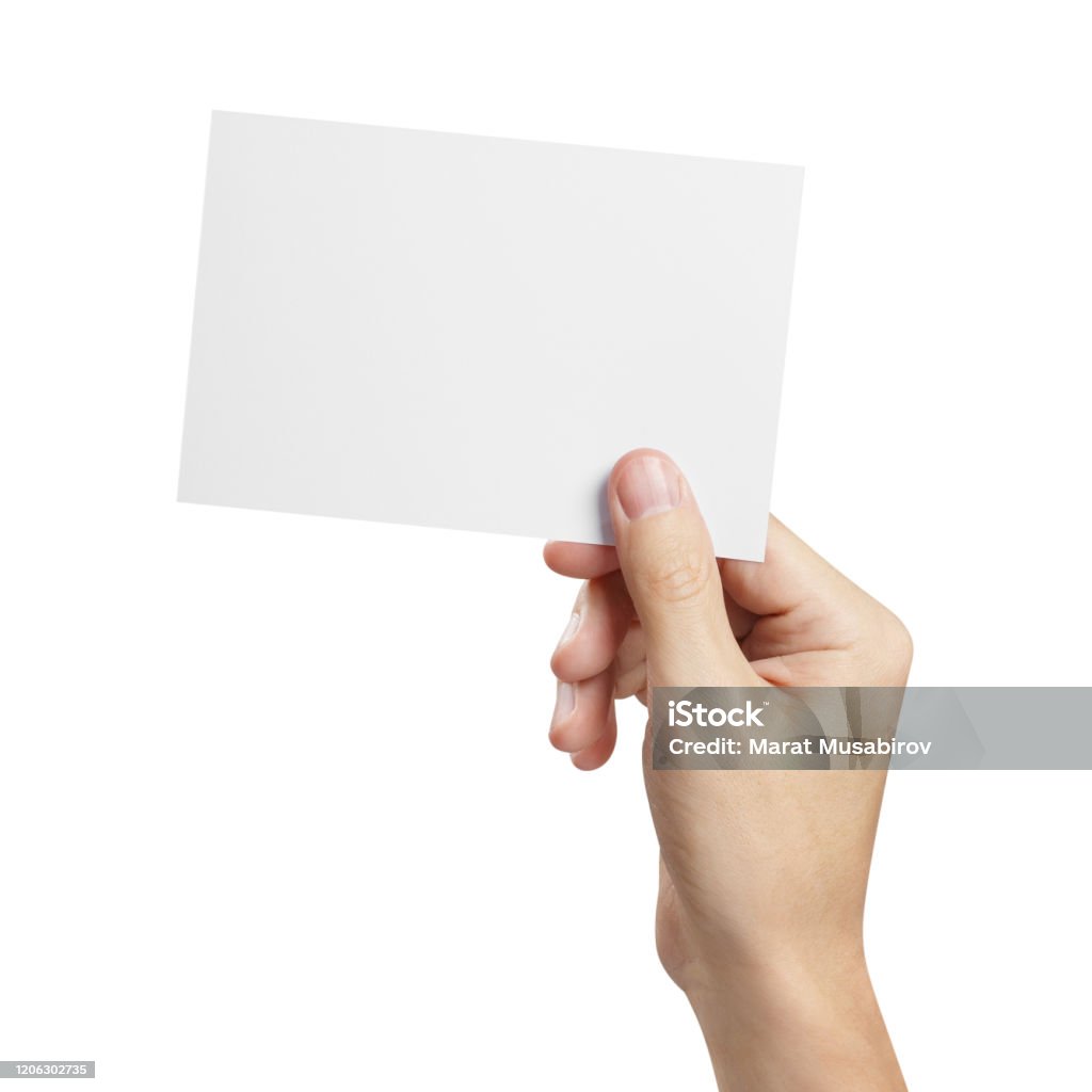Hand holding blank card on white Hand holding blank card 10x15cm, isolated on white background Hand Stock Photo