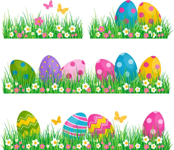 Vector illustration of Easter Eggs on green grass. Vector illustration