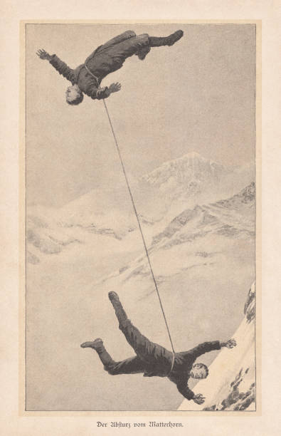 ilustrações de stock, clip art, desenhos animados e ícones de the crash from the matterhorn in 1865, raster print, 1895 - mountain drop europe switzerland