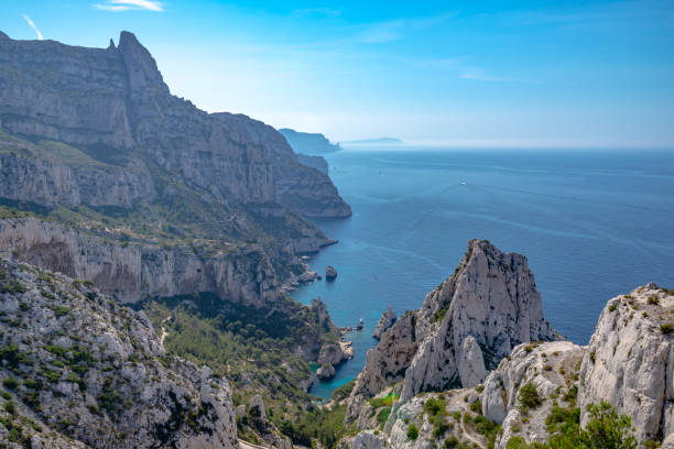 Panoramic view on the Sugiton Calanque seen from a lookout, Marseille, France stock photo