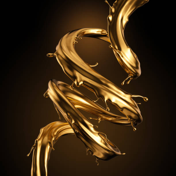 istock 3d rendering, liquid spiral gold splash, artistic paint metallic jet, shiny wave, golden splashing clip art, abstract design element isolated on black background. Cosmetics ingredient. Luxury concept 1206315918