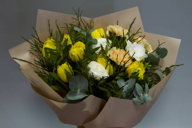 istock Beautiful bouquet in vintage style, light gray background, selective focus 1206316063