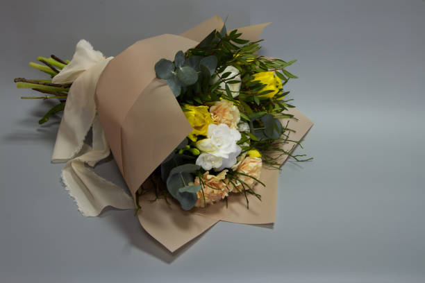 istock Beautiful bouquet in vintage style, light gray background, selective focus 1206316077