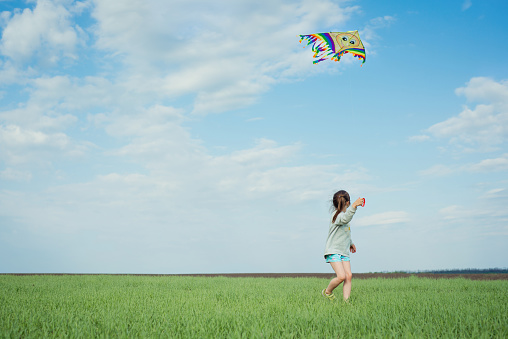 Cheerful little girl runs and playing with a kite on a green field