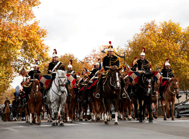 Republican Guard  ( Garde Républicaine ) : cavalry on Quai d'Orsay, near Esplanade des Invalides,  in Paris - France. Horse parade, November 19, 2017.