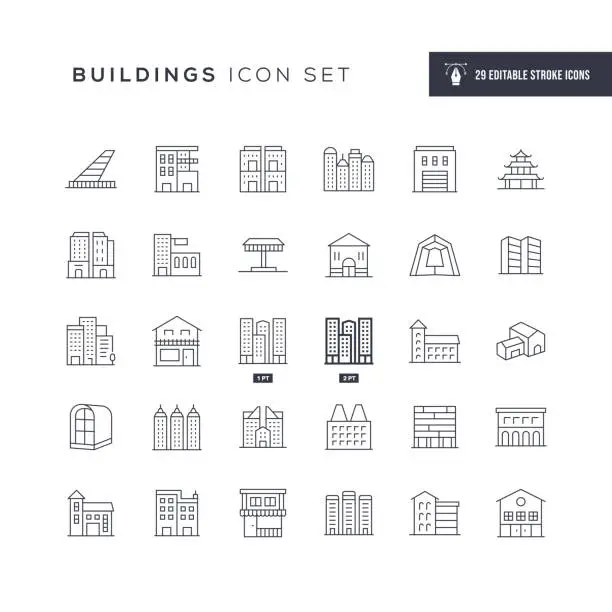 Vector illustration of Buildings Editable Stroke Line Icons
