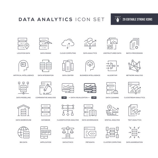 ilustrações de stock, clip art, desenhos animados e ícones de data analytics editable stroke line icons - busy
