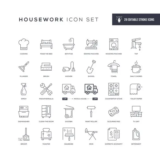Vector illustration of Housework Editable Stroke Line Icons