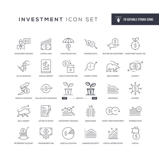 ikony linii obrysu edytowalnych inwestycji - currency growth making money protection stock illustrations