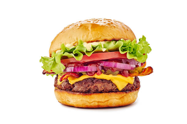 saftiger hamburger auf weißem hintergrund - freisteller – neutraler hintergrund stock-fotos und bilder