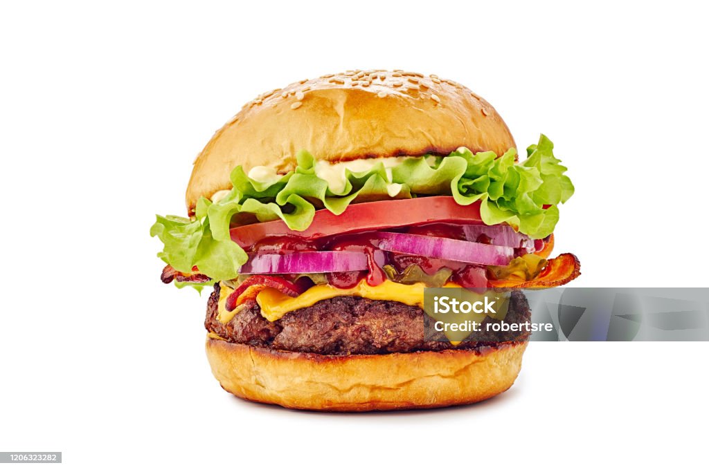 Juicy hamburger on white background Juicy hamburger isolated on white. Clipping path included Burger Stock Photo