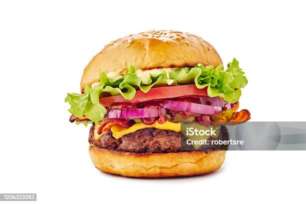 Juicy Hamburger On White Background Stock Photo - Download Image Now - Burger, Hamburger, Cut Out