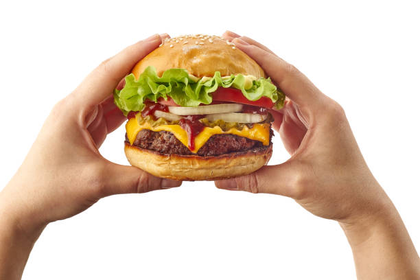 Hands holding hamburger on white stock photo