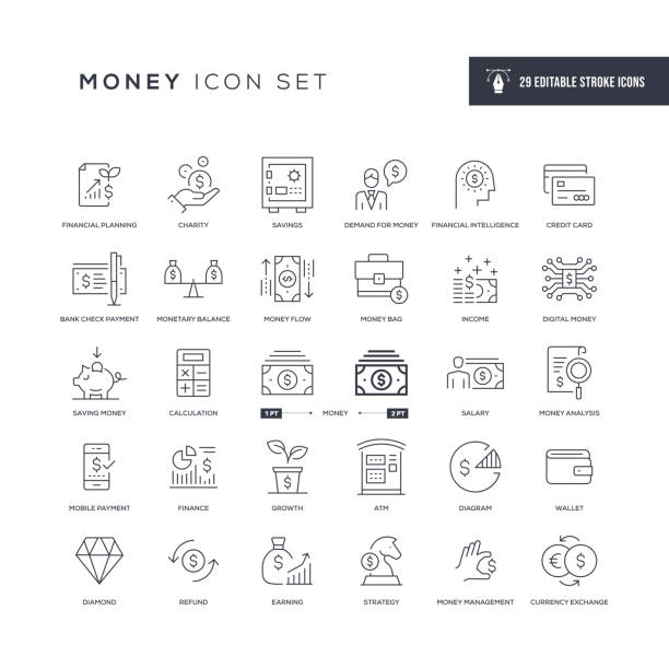ilustrações de stock, clip art, desenhos animados e ícones de money editable stroke line icons - paper currency wealth out dollar sign