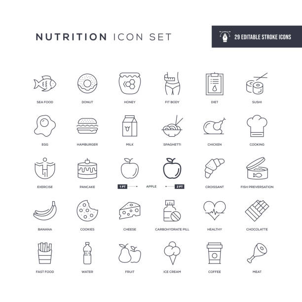 illustrazioni stock, clip art, cartoni animati e icone di tendenza di icone della linea di tratto modificabile nutrizionale - dieta immagine