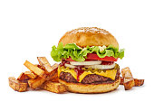Hamburger with french fries on white