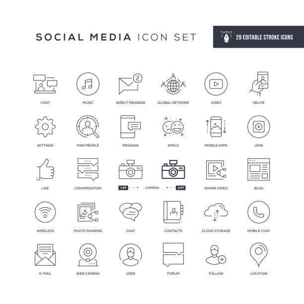 social media editable stroke line icons - blog discussion internet communication stock-grafiken, -clipart, -cartoons und -symbole