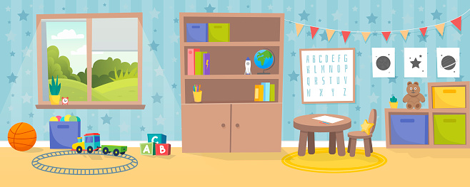 Kindergarten or kid room interior vector illustration. Empty cartoon background with child toys, tables and drawer boxes. Modern room with furniture, sunlight from window and toys for kids. Preschool.