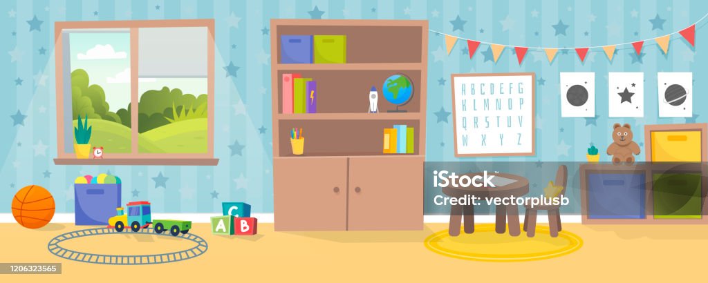 Kindergarten Or Kid Room Interior Vector Illustration Empty Cartoon  Background With Child Toys Tables And Drawer Boxes Modern Room With  Furniture Sunlight From Window And Toys For Kids Stock Illustration -  Download