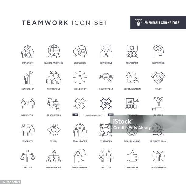 Teamwork Editable Stroke Line Icons - Arte vetorial de stock e mais imagens de Símbolo de ícone - Símbolo de ícone, Parceria, Cursor editável