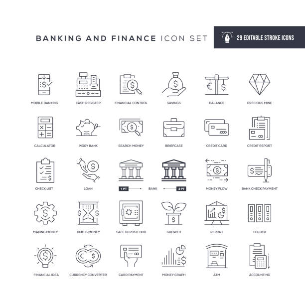 Banking and Finance Editable Stroke Line Icons 29 Banking and Finance Icons - Editable Stroke - Easy to edit and customize - You can easily customize the stroke with bank financial building illustrations stock illustrations