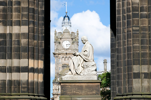 6th June 2019: The Scott Monument, a Victorian sandstone monument dedicated to the Scottish writer Sir Walter Scott. It is located in Princes Street Gardens, close to Waverley Station in the centre of Edinburgh in Scotland. The statue was completed in 1844, twelve years after the author's death. It stands at over 200 foot high and is a major landmark in the popular Scottish city.