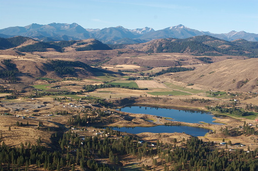 The Twin Lakes in the Methow Valley of Eastern Washington as seen from a hot air balloon
