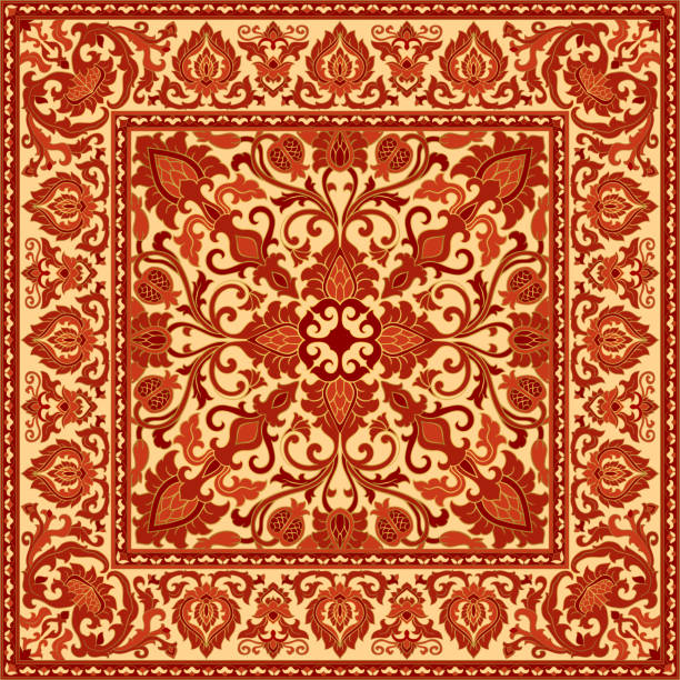 Oriental red carpet with pomegranate. Colorful template for carpet, textile, shawl. Oriental floral pattern with pomegranate. Red and beige vector background. Floral pattern with frame. oriental food stock illustrations