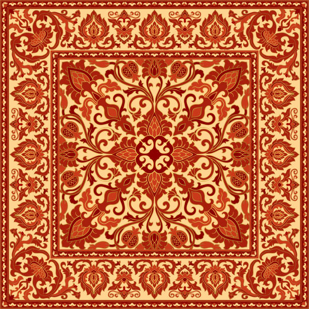 Oriental red carpet with pomegranate. Colorful template for carpet, textile, shawl. Oriental floral pattern with pomegranate. Red and beige vector background. Floral pattern with frame. fruit of islam stock illustrations